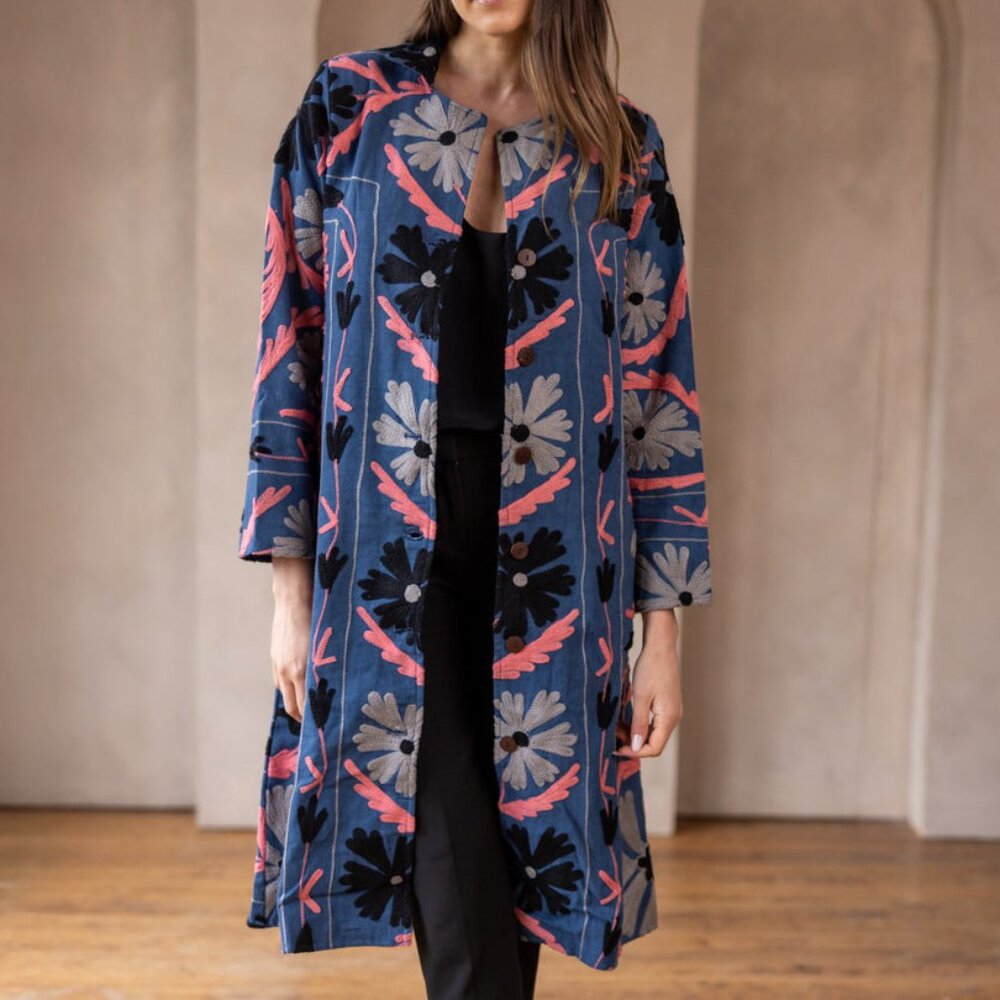 Transcend Blue and Pink Embroidered Coat